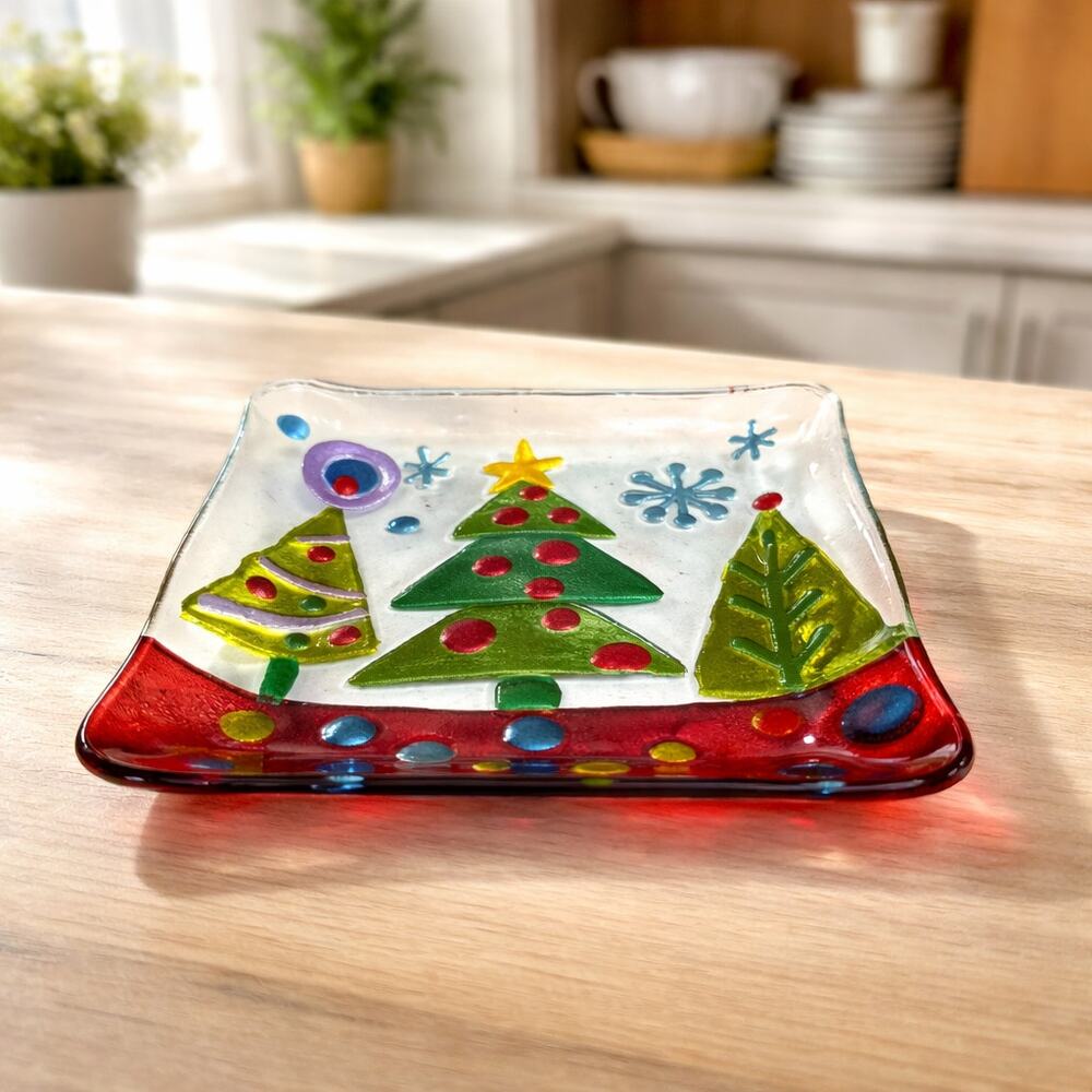 Hand Painted Fused Glass Christmas Tree Plate‎ Holiday Dish 8"